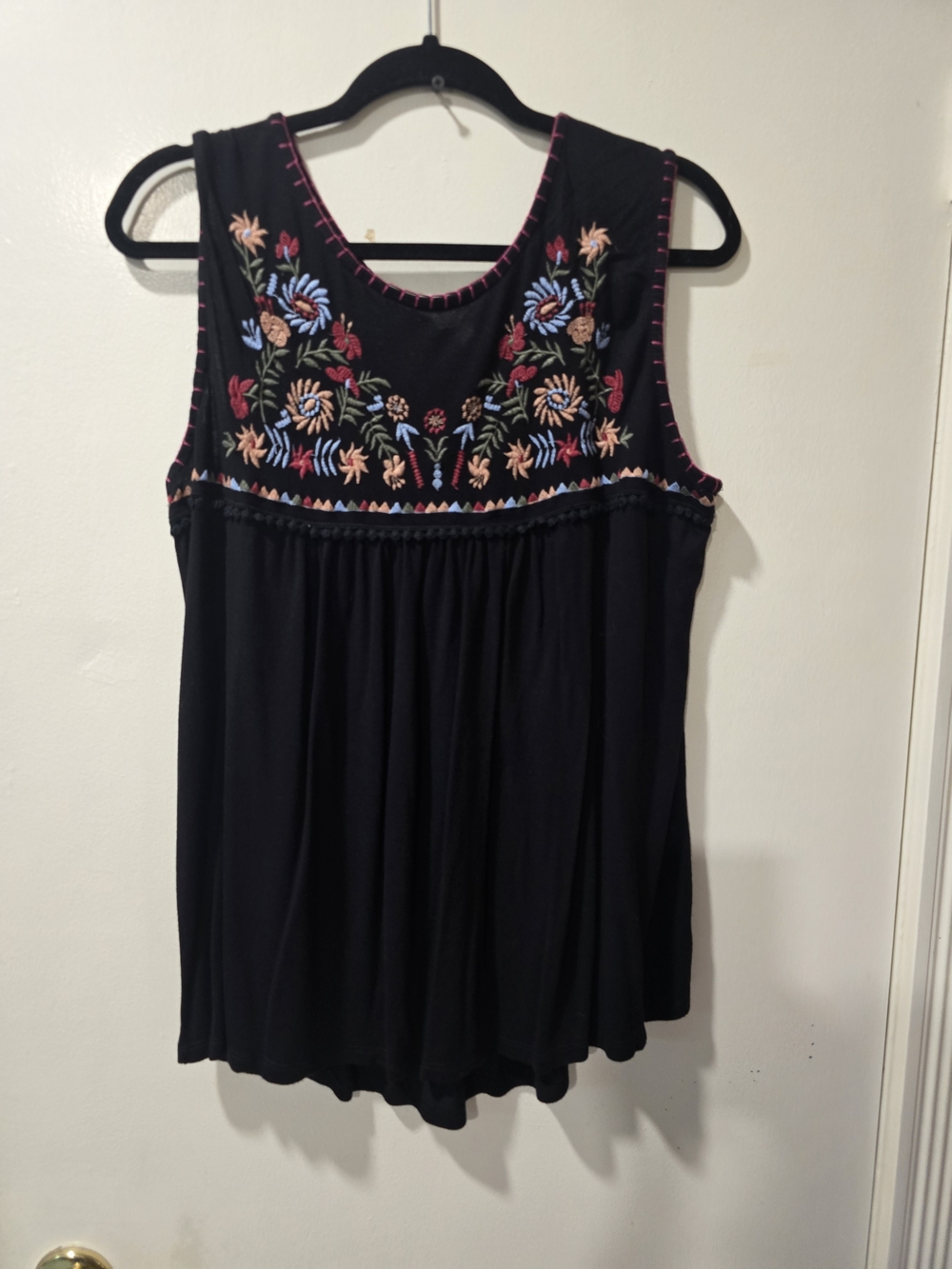Studio West Black Sleeveless Tank with Colorful Floral Embroidery